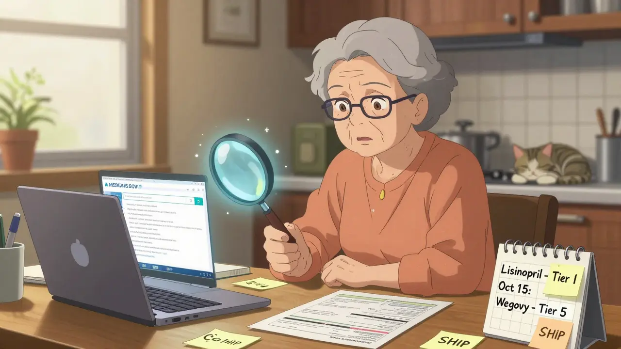 Elderly woman reviewing drug formularies on laptop with sticky notes and calendar.