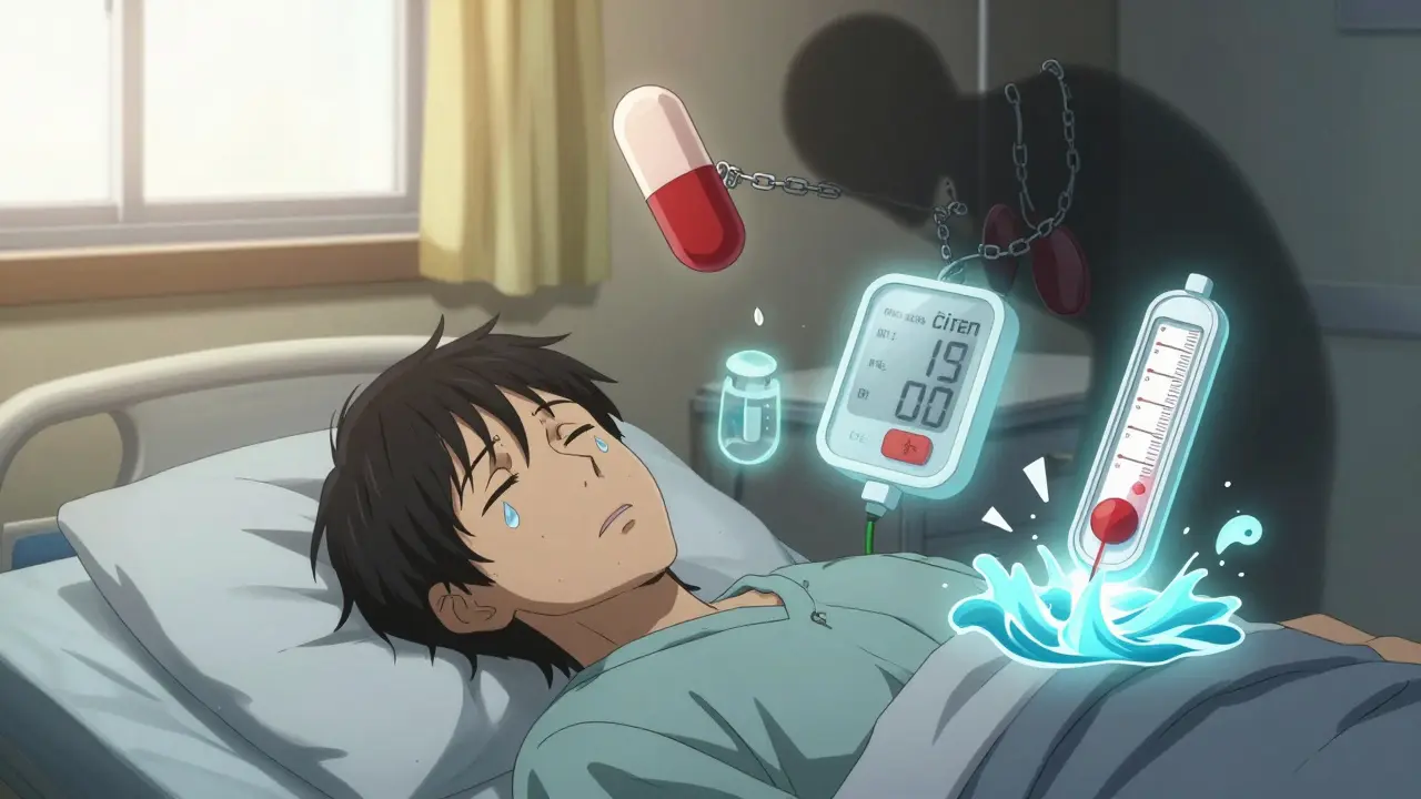 Exhausted patient in hospital bed surrounded by floating symptoms of adrenal insufficiency, with a looming opioid pill casting a shadow.