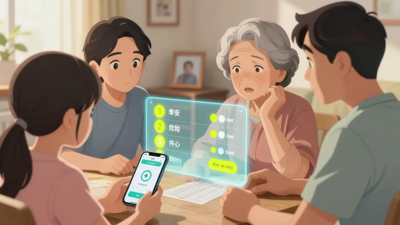 Family helping an elderly person review medications with a smartphone app and written list.