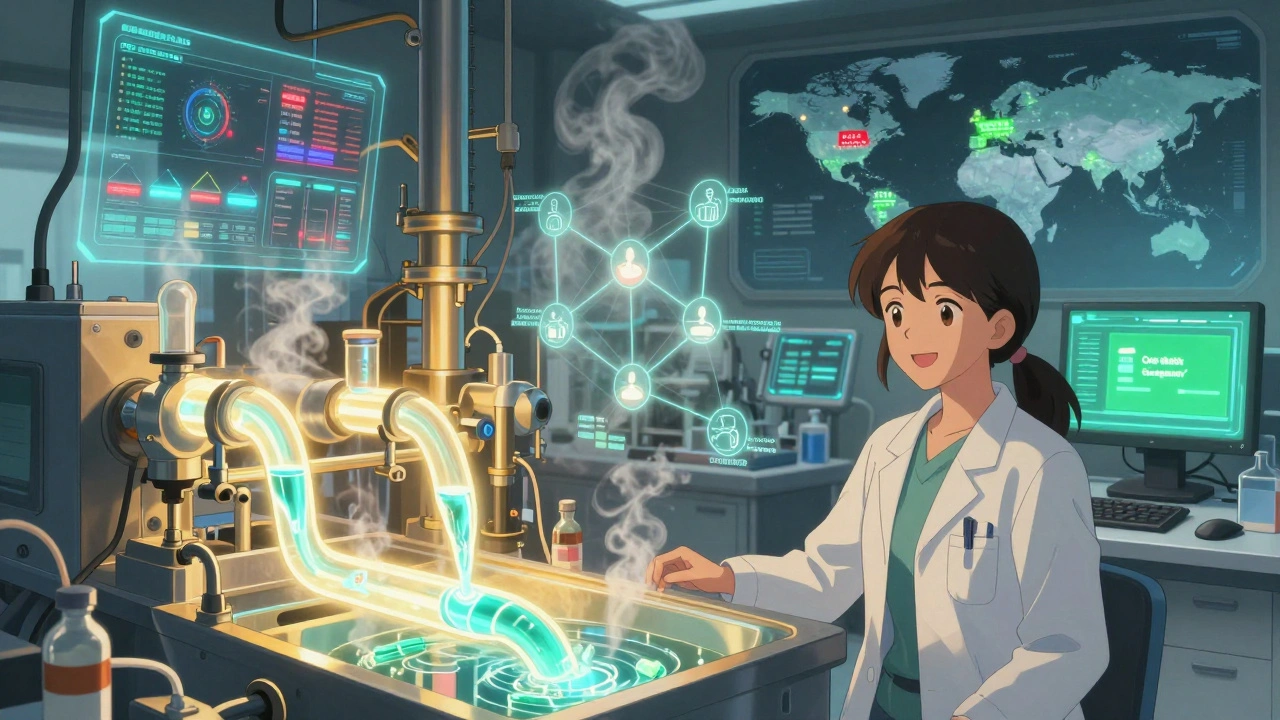 Futuristic lab with glowing continuous manufacturing tubes and AI holograms predicting supply chain disruptions.