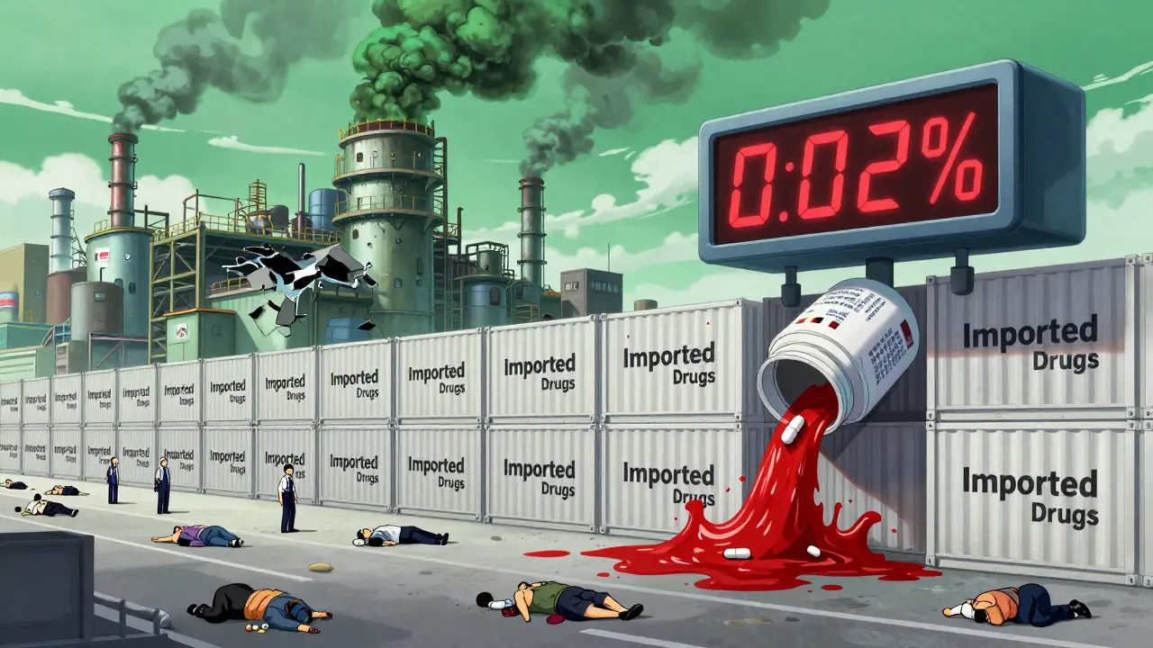 Global drug supply chain with toxic factory smoke and FDA inspectors overwhelmed by shipping containers.