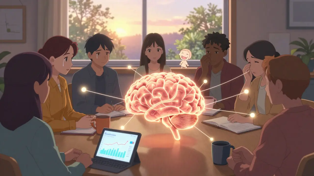 Group in support circle with healing brain threads and rising cognitive scores, anime style.
