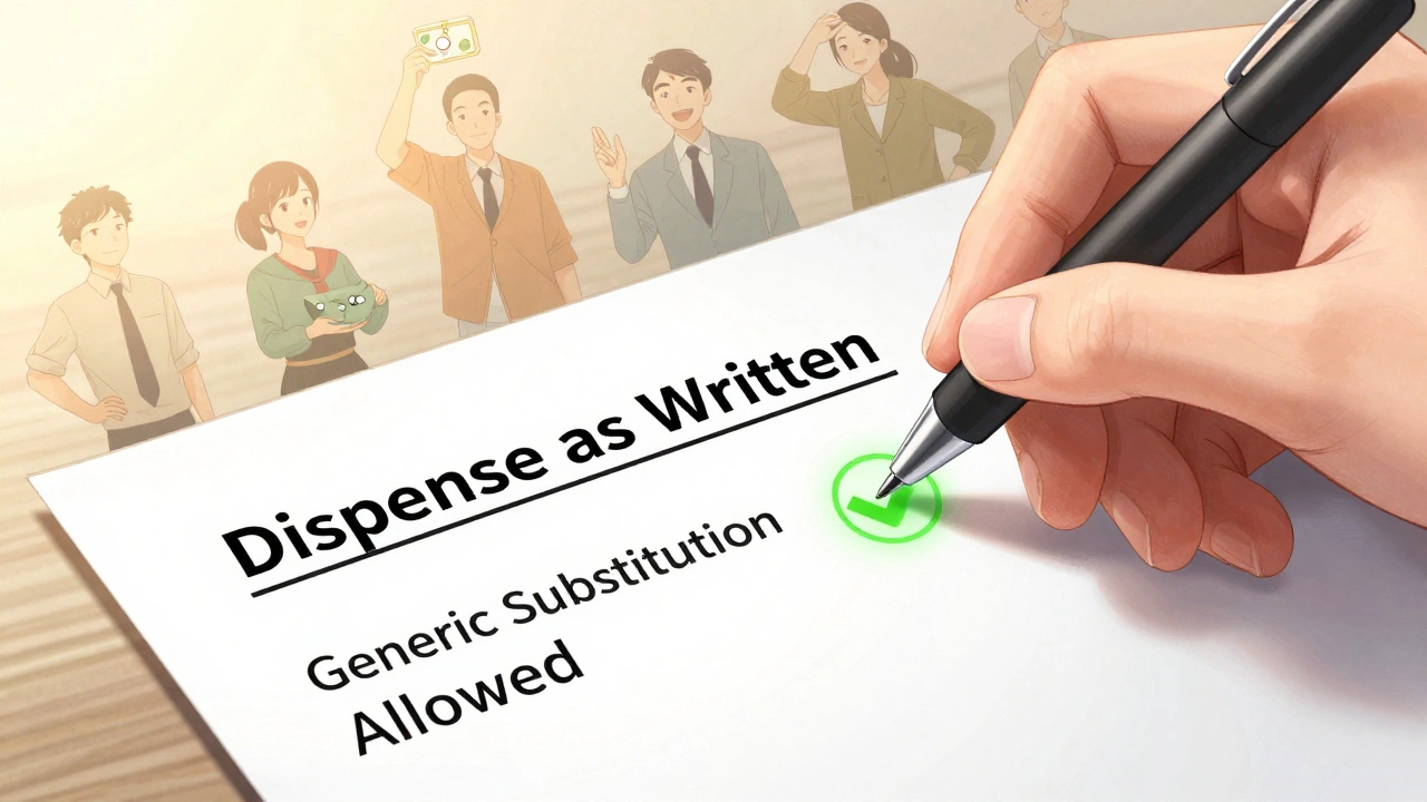 Hand crossing out &#039;Dispense as Written&#039; on a prescription to allow generic substitution.