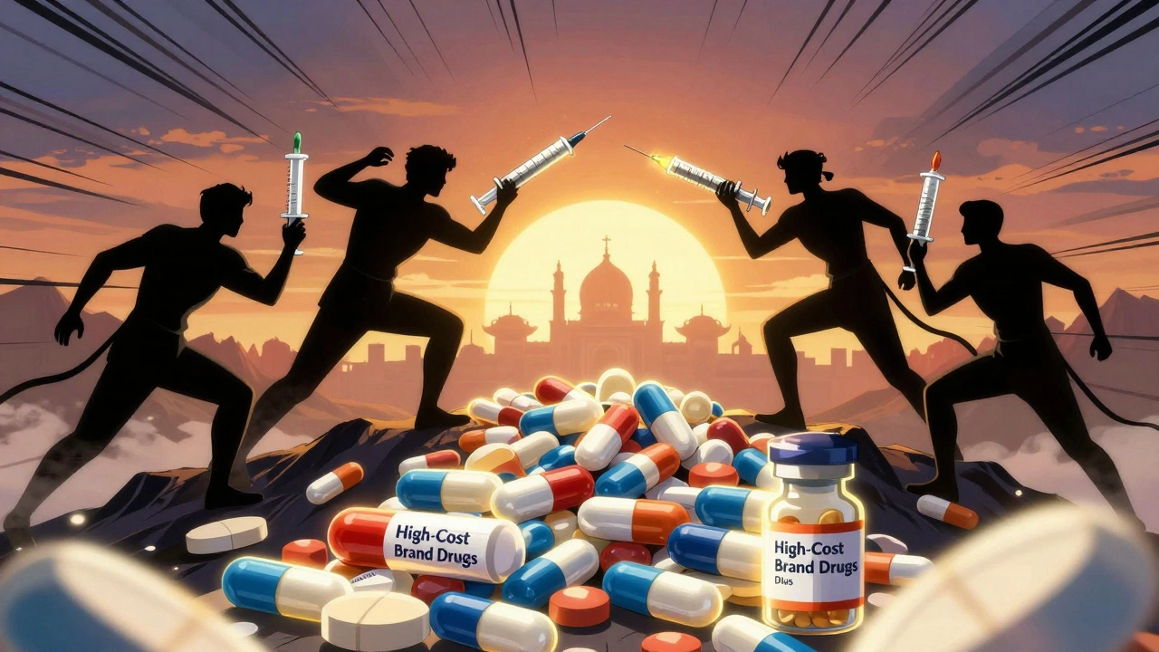 Heroic Indian workers battling high-cost drug shadows atop a mountain of affordable medicine under sunrise.