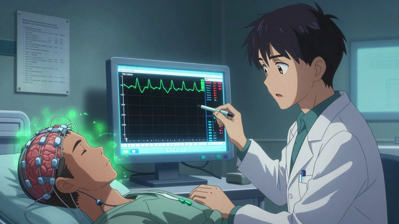 Neurologist analyzing sleep study data showing abnormal muscle activity during REM sleep.