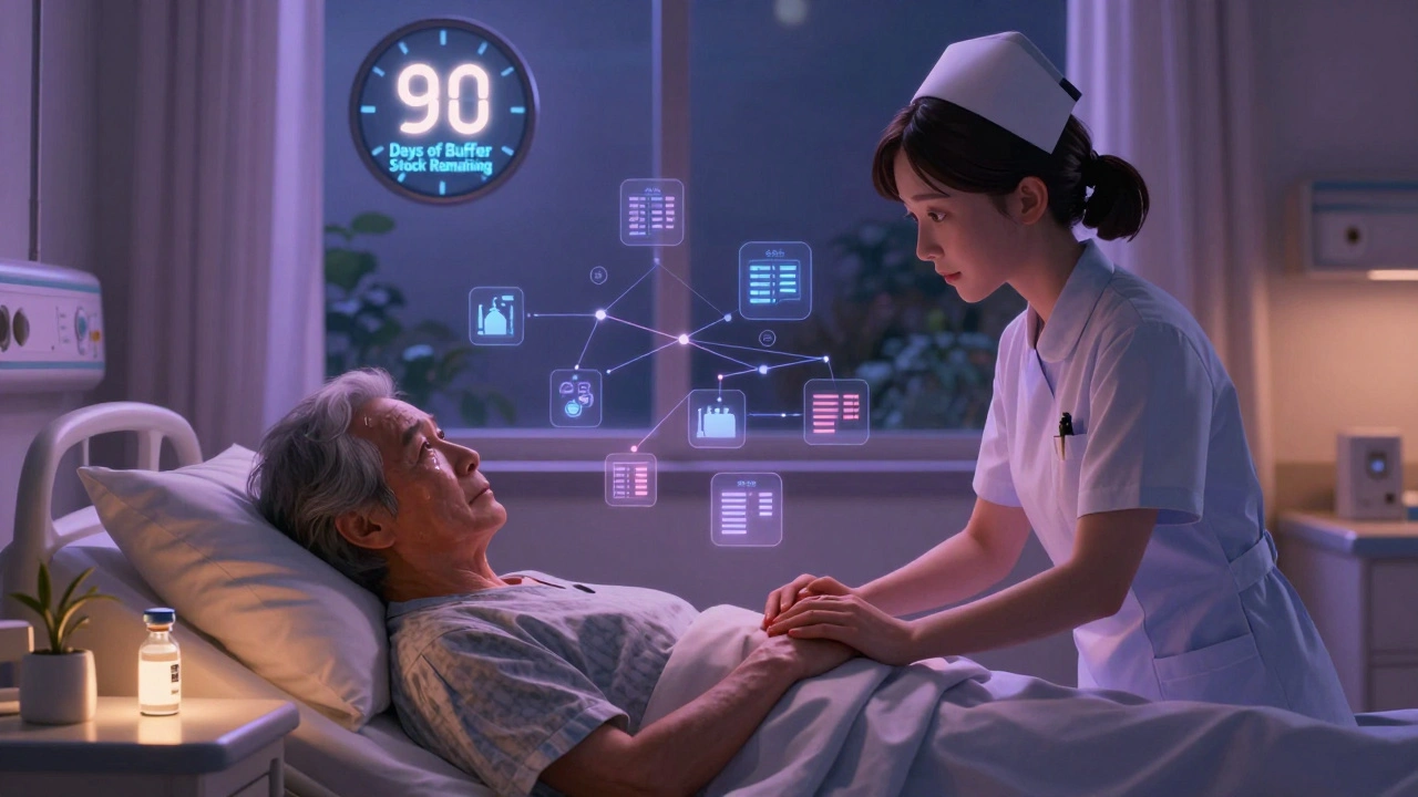 Nurse holding patient&#039;s hand in hospital room as glowing insulin vial and supply chain icons hover protectively nearby.