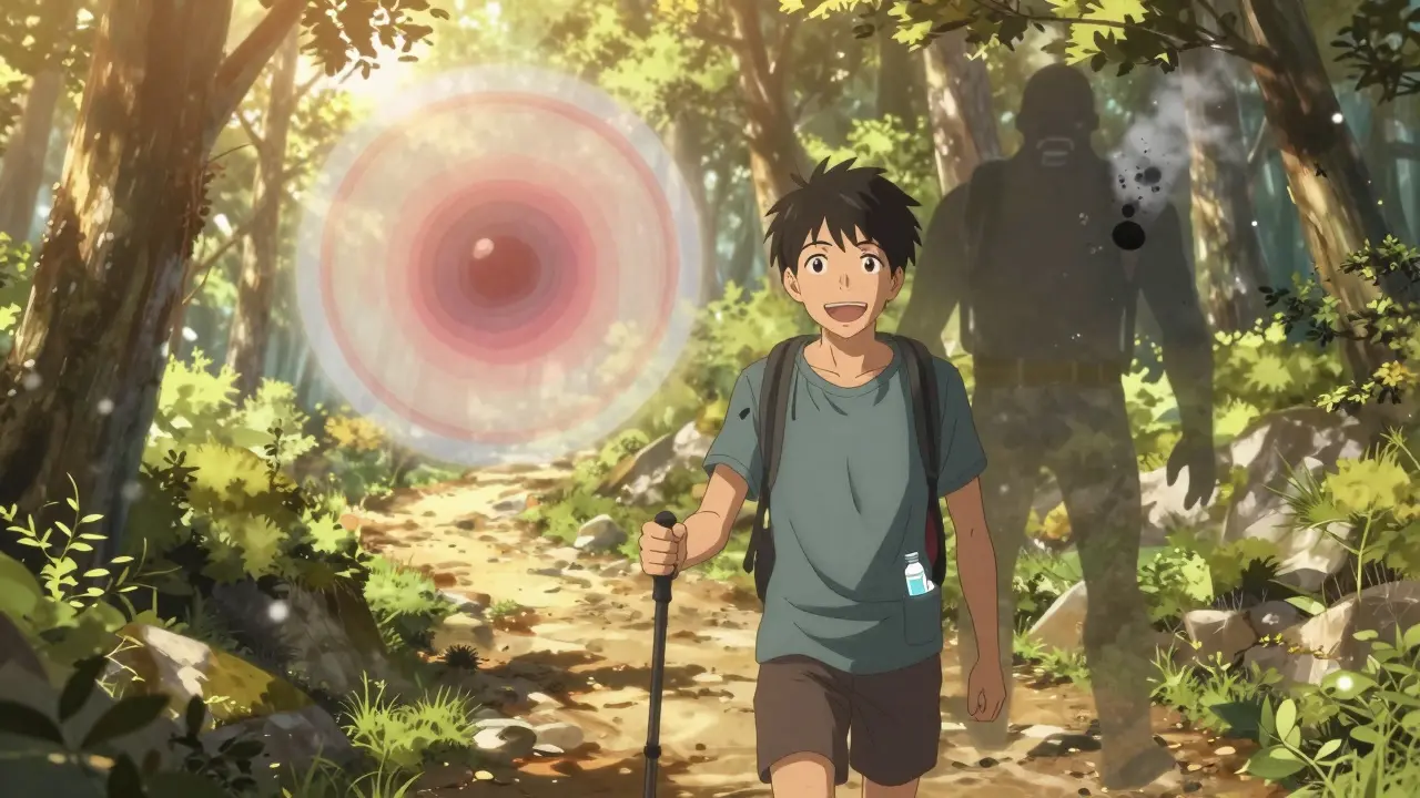 Patient hiking under sunlight as cataract dissolves, steroid monster fading behind them.