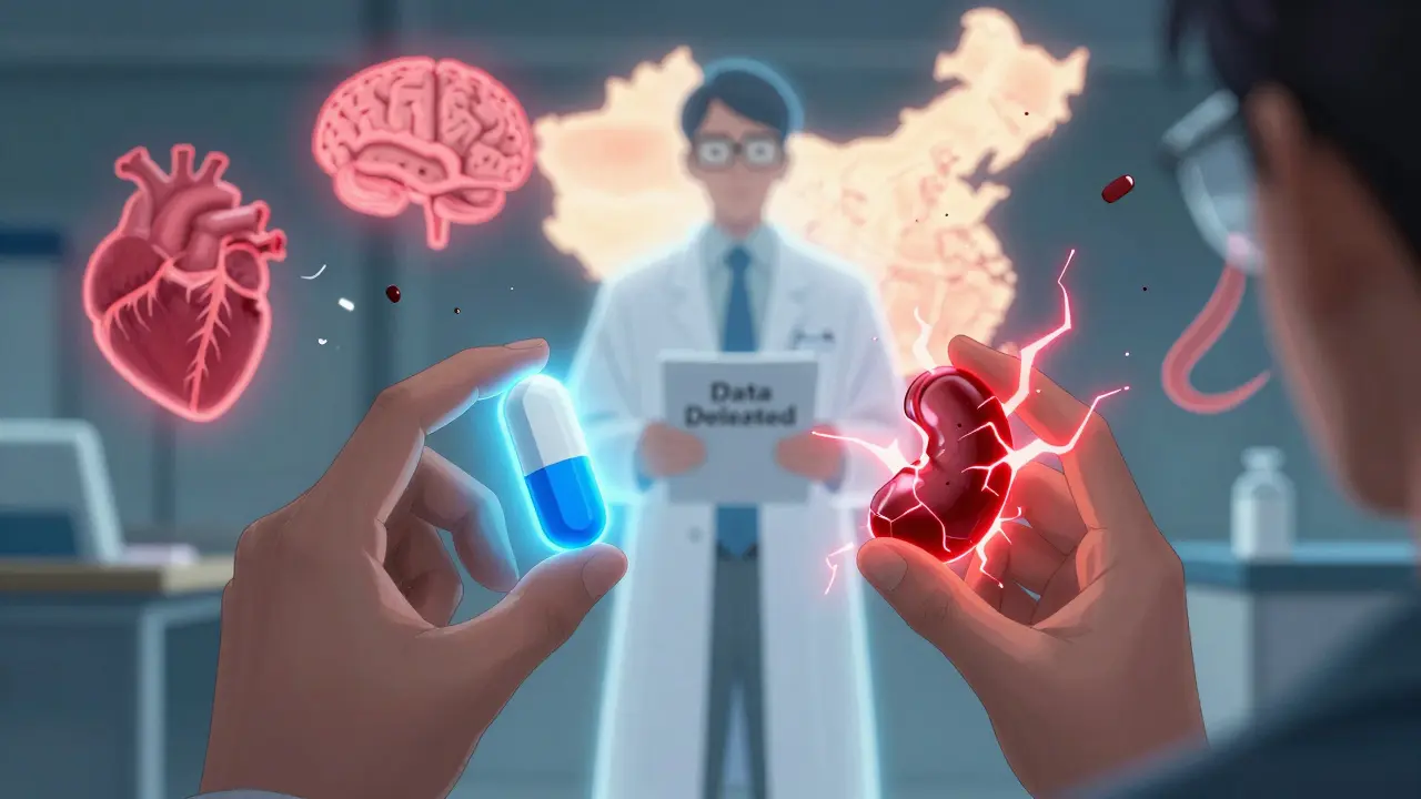 Patient holding two pills — one safe, one toxic — with medical icons breaking around them.