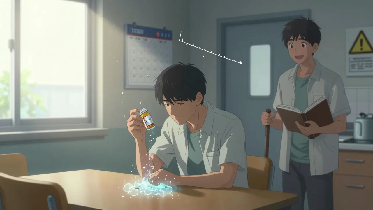 Person dissolving while holding pill bottle, younger self beside them, anime style.