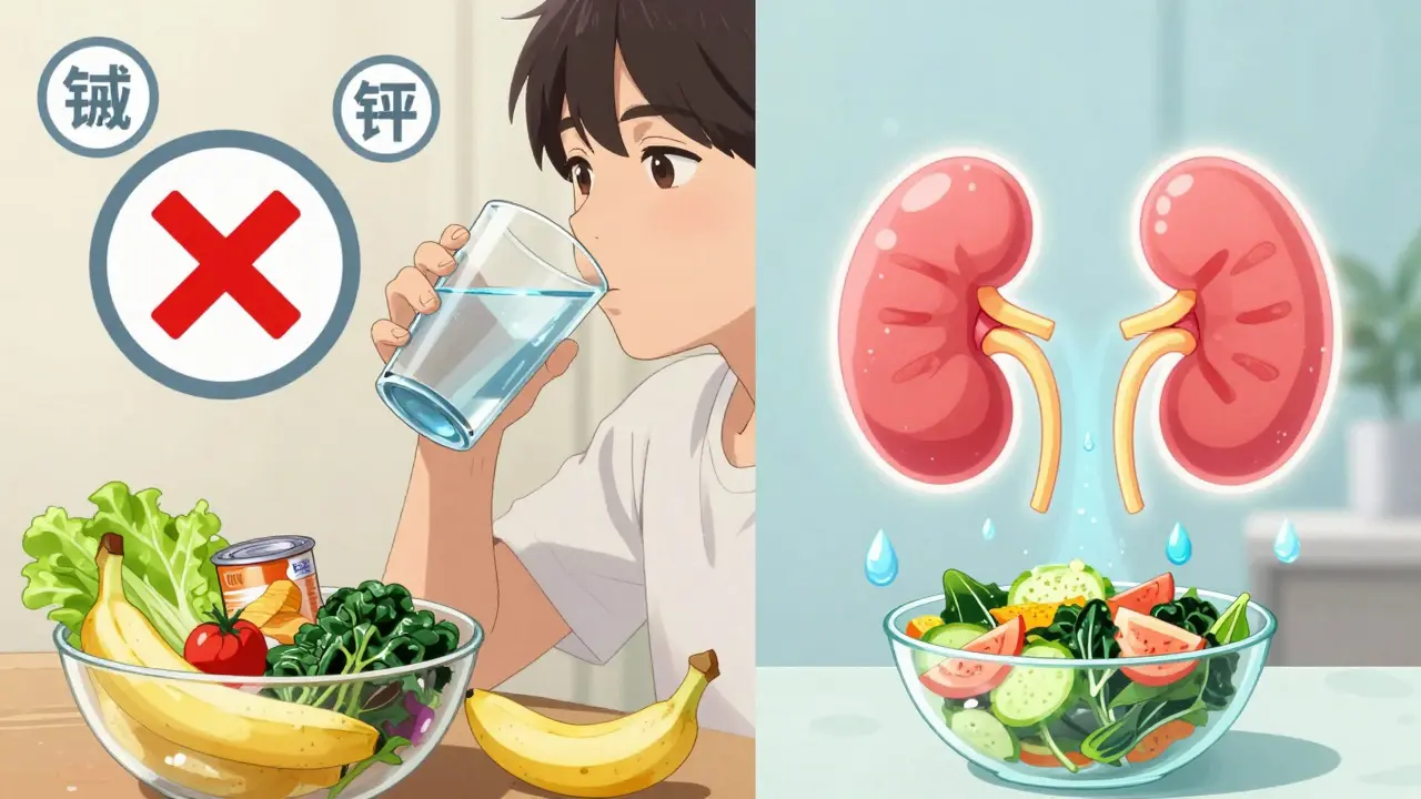 Person drinking water and eating banana and spinach salad, sodium symbols crossed out