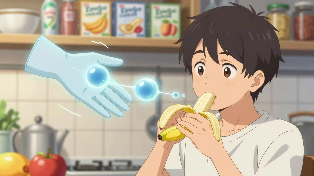 Person eating banana with protein molecules linking to a latex glove, symbolizing food cross-reactivity.