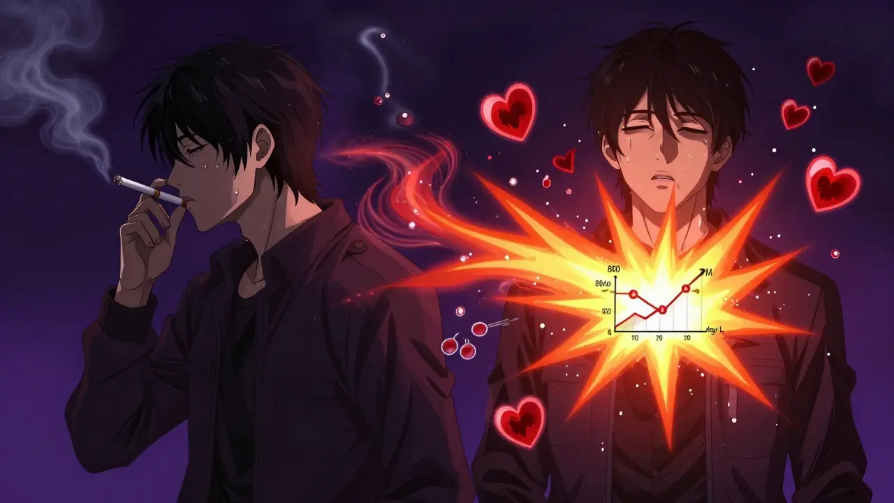 Person experiencing dangerous clozapine spike after quitting smoking, with visual warning signs.