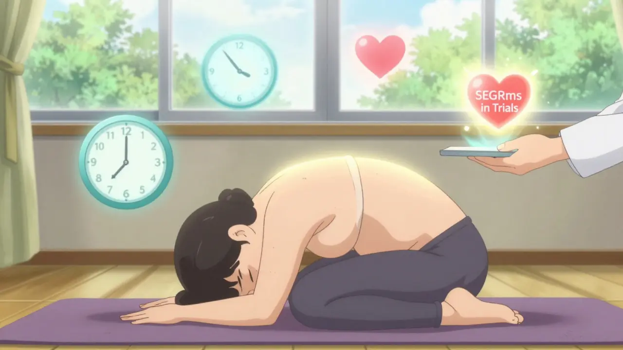 Person in yoga pose with healing symbols floating, sunlit room, calm expression