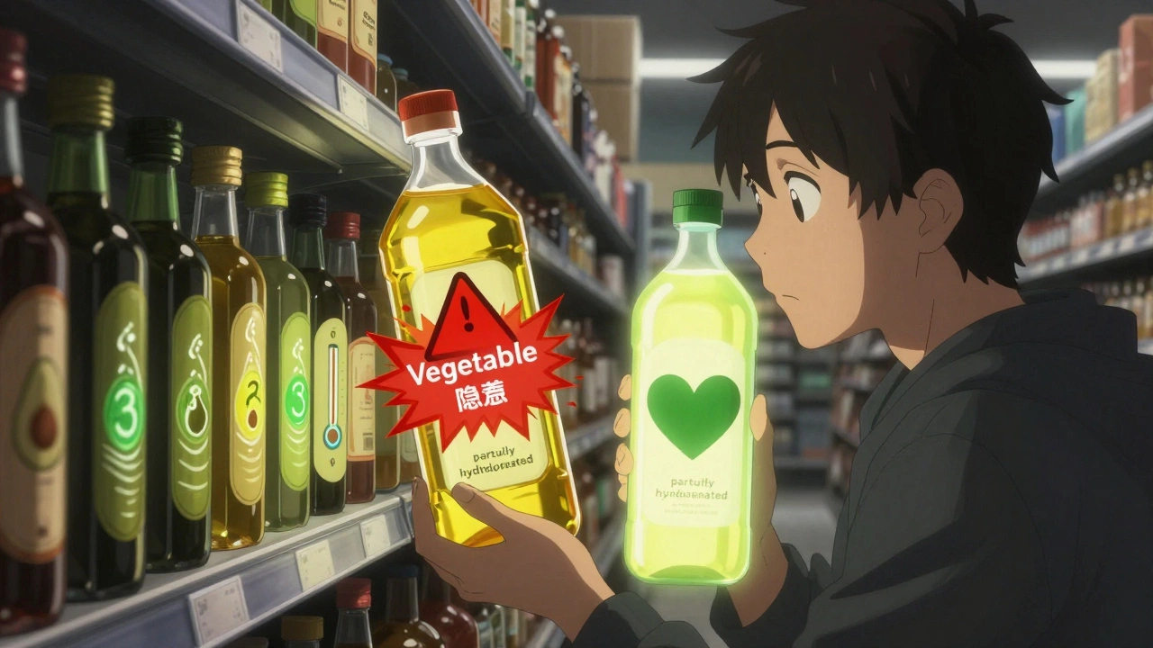 Person reading a food label as a warning explodes from &#039;vegetable oil&#039; beside a glowing algae oil bottle.