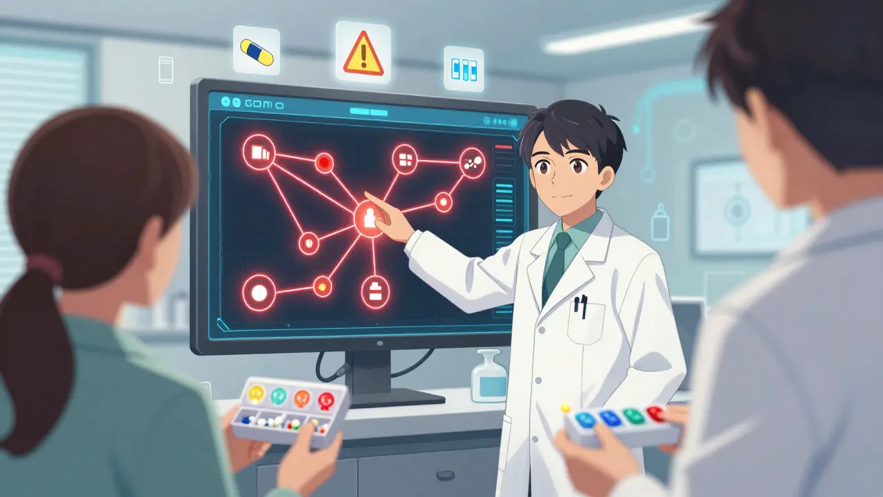 Pharmacist explaining drug interactions using a digital medication chart with warning indicators.