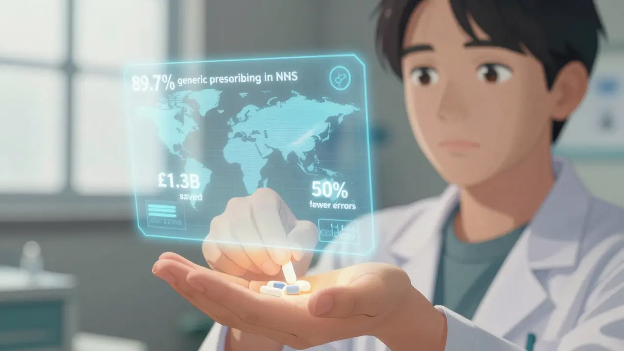 Pharmacist handing a generic pill to a patient, with holographic healthcare statistics glowing in the background.