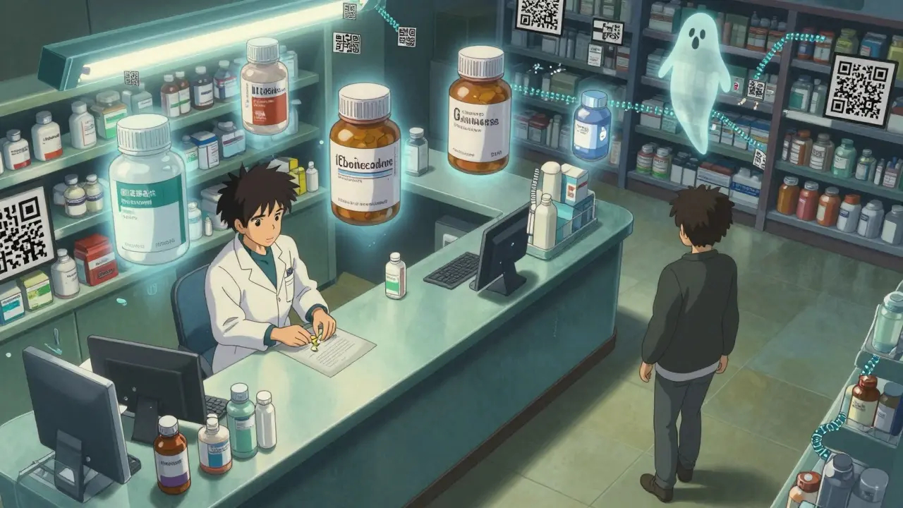 Pharmacy counter with floating manufacturer labels and blockchain chains in anime style.