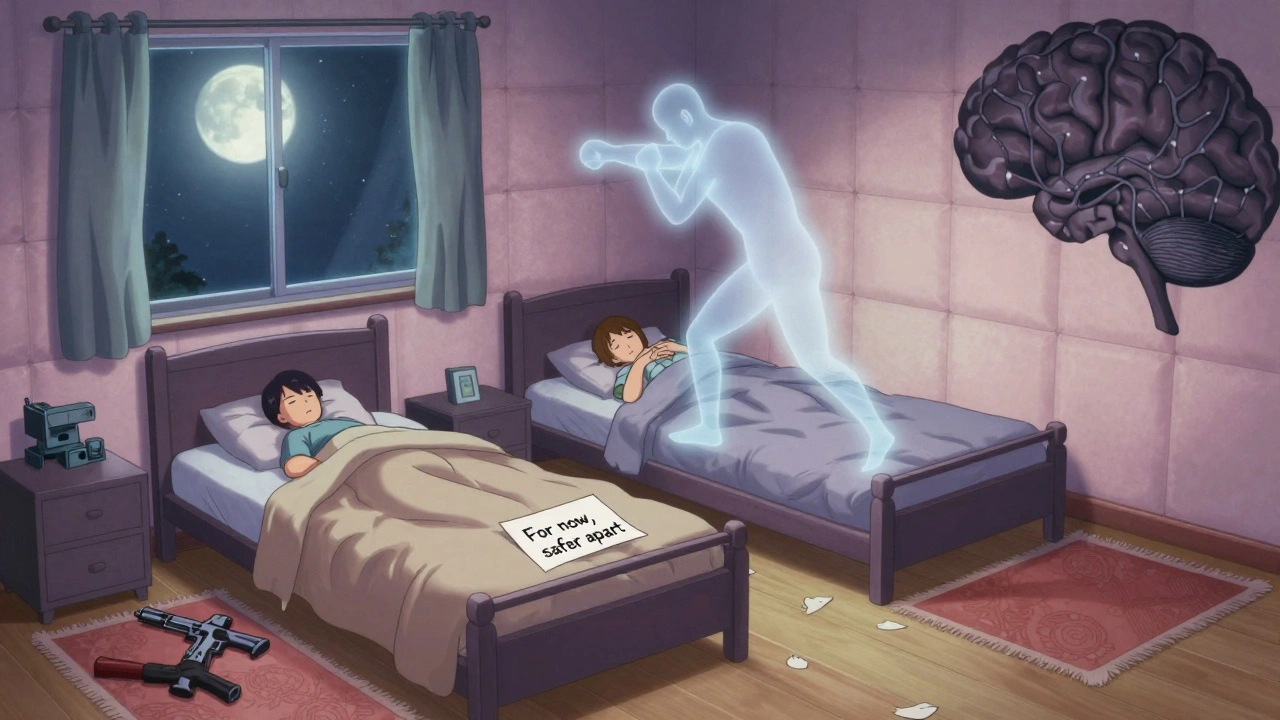 Safe bedroom setup with padded walls and separate beds for a couple managing RBD.