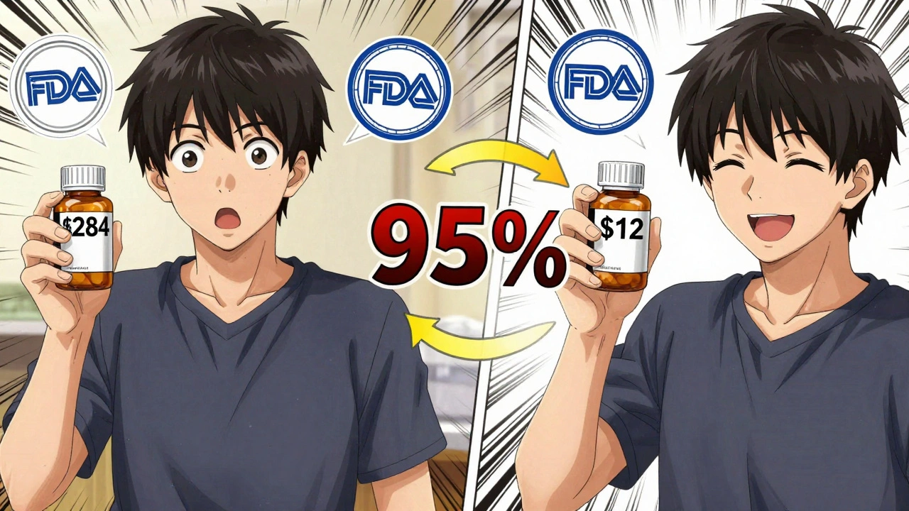 Side-by-side comparison of expensive brand-name and affordable generic pills with cost savings shown visually.