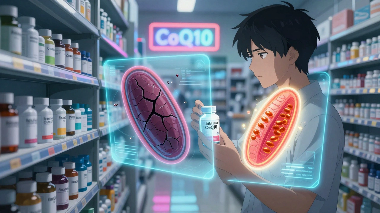 Someone choosing ubiquinol CoQ10 at a pharmacy with a glowing hologram of muscle cells before and after.