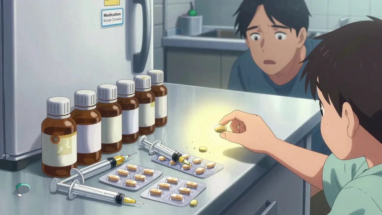 Spilled liquid medicine bottles next to neatly organized pediatric tablets on a counter.