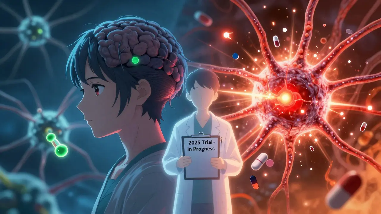 Split-brain illustration showing calm neurons on one side and seizure activity on the other, with antipsychotic drugs and GLA molecules.