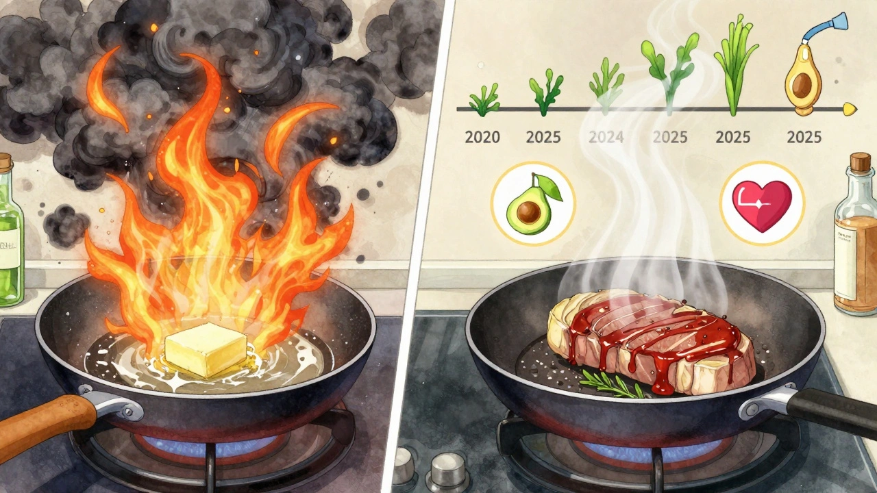 Split kitchen scene: smoking butter vs. healthy avocado oil sear, with heart health icons floating above.