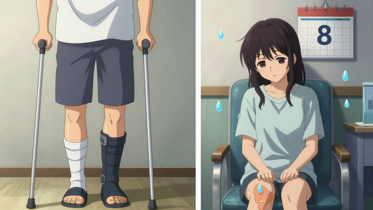 Split scene: one patient managing swelling with compression socks, another ignoring symptoms.