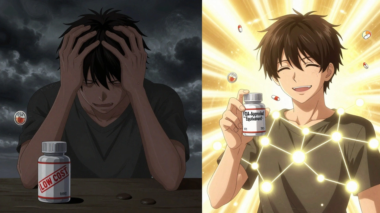 Split scene showing the same person experiencing pain with a cheap-labeled pill versus relief with an FDA-approved equivalent label.