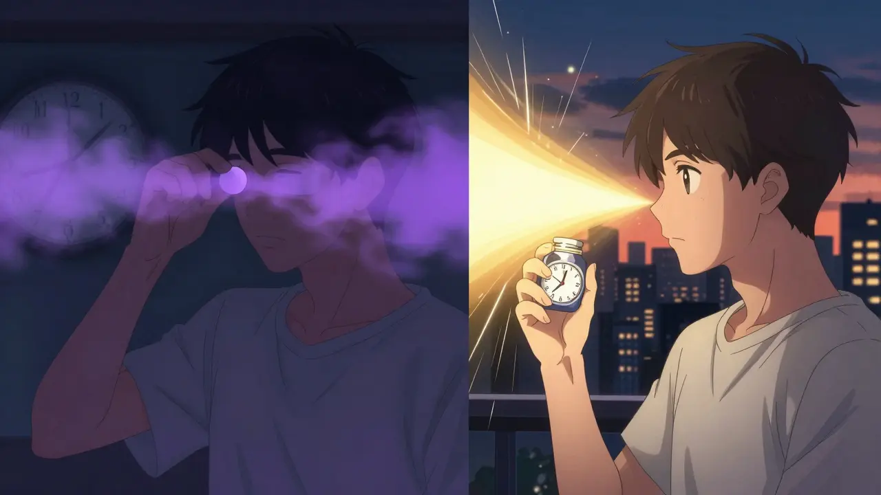 Split-screen anime scene: time-released melatonin causing confusion vs. immediate-release bringing clarity.