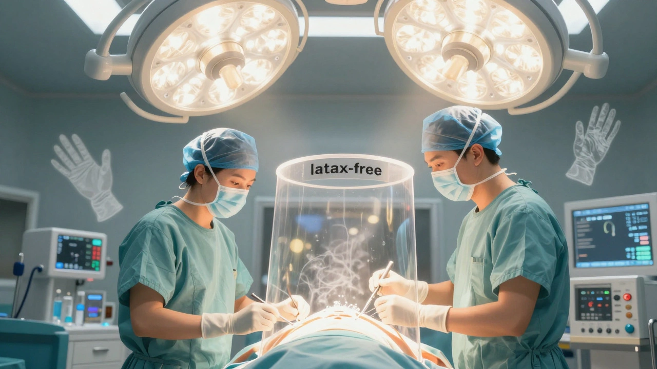 Sterile operating room with staff using latex-free equipment, protective glow around patient.