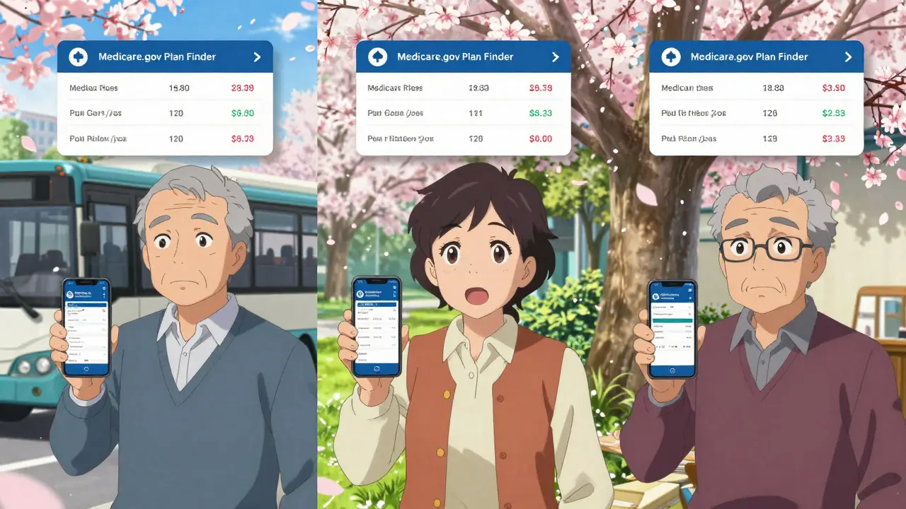 Three seniors using phones to compare Medicare drug plans with cost comparisons floating above them.