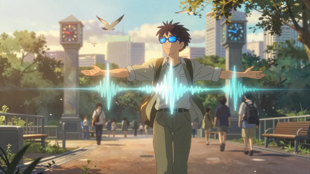 Traveler receiving morning sunlight in Tokyo park, wearing blue-light glasses as circadian waves sync with sunrise.