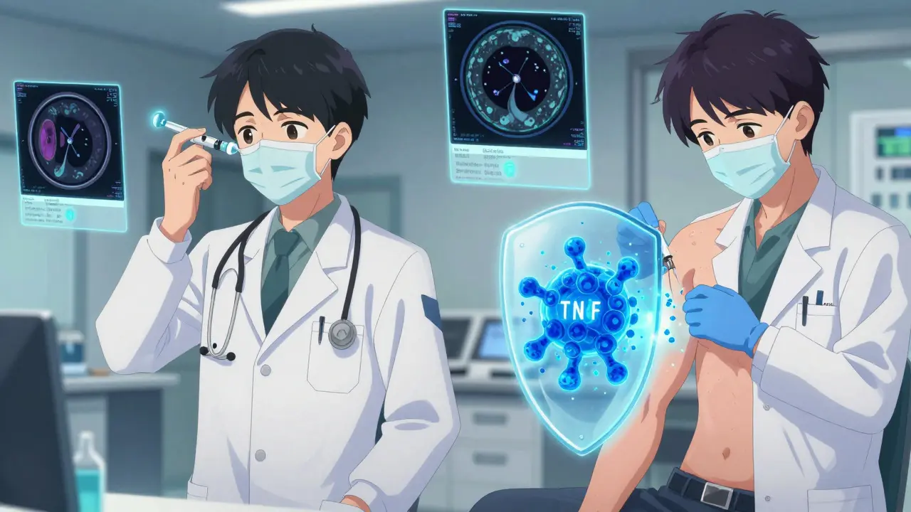 Two doctors treating uveitis with steroids and biologics, surrounded by floating medical scans.