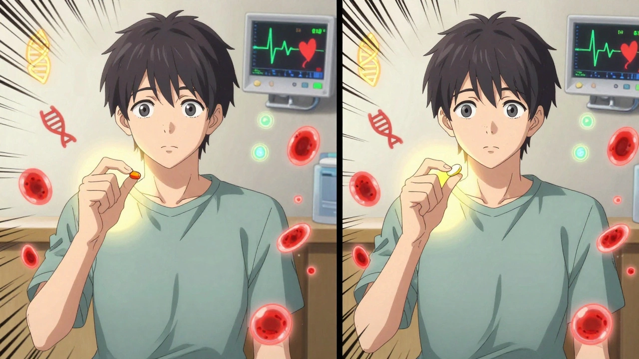 Two parallel scenes showing identical drug absorption from brand-name and generic pills with matching health data.