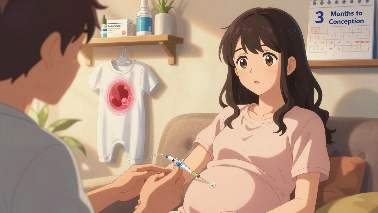 Woman receiving biologic injection during pregnancy, partner beside her, baby onesie and safe meds in background.