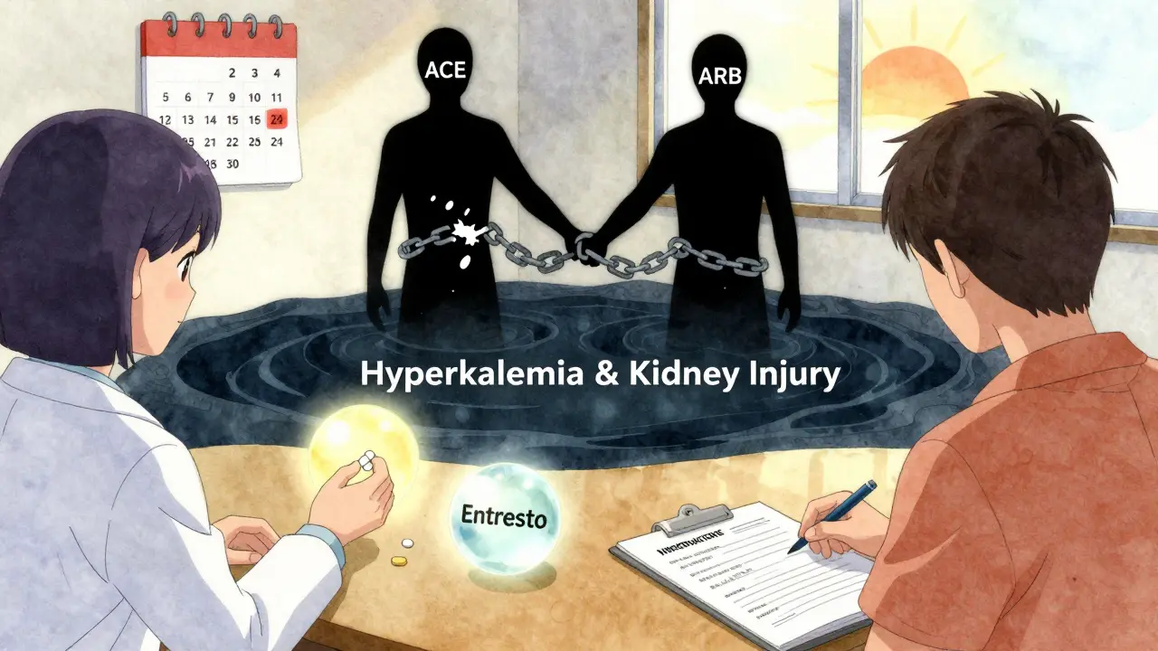 A doctor placing one pill on a table while dual RAS blockade sinks into darkness, with safer alternatives glowing nearby.