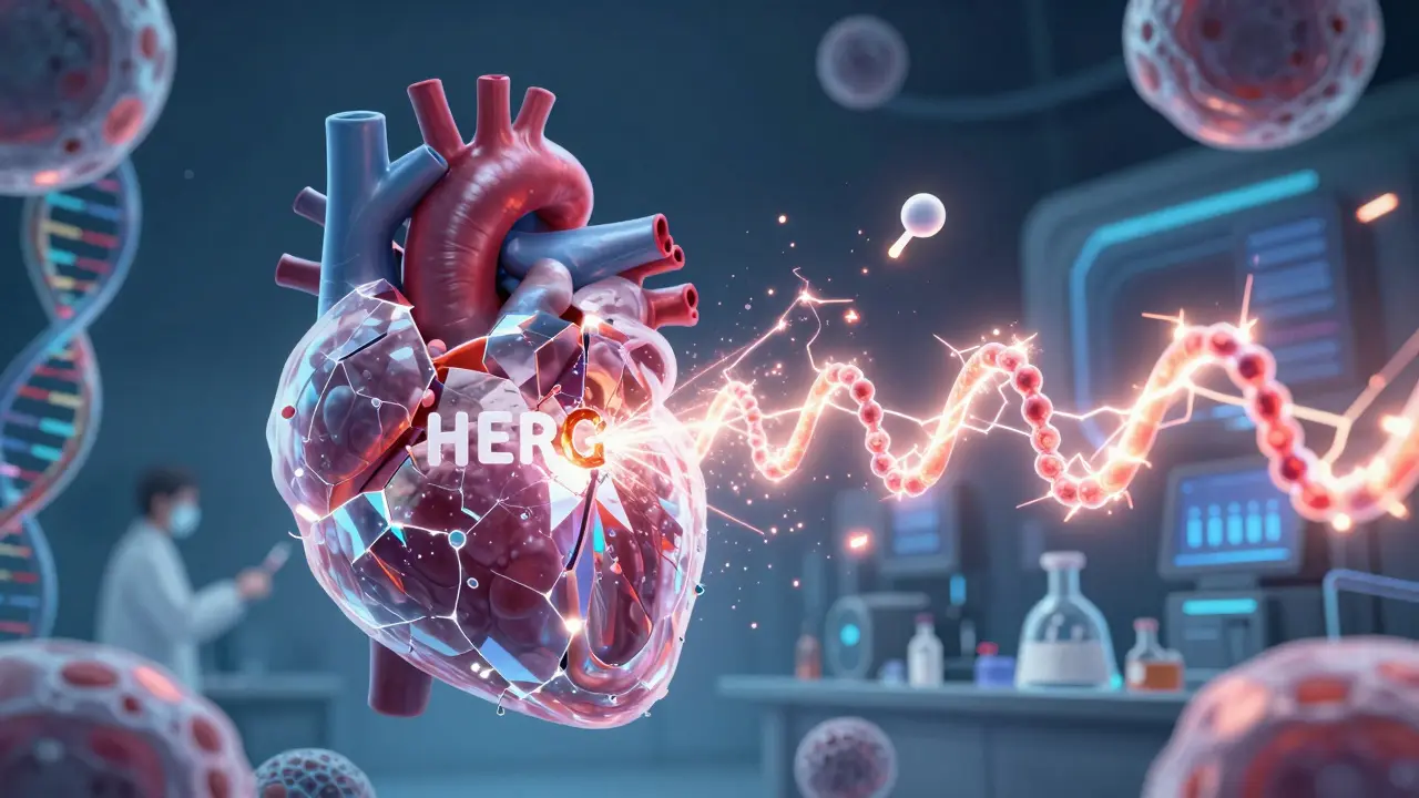 A genetic mutation triggering a twisting arrhythmia in a heart cell, shown in dramatic anime style.