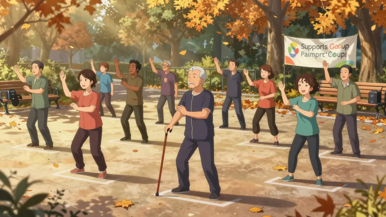 A group practicing tai chi in a park at sunset, some using canes, autumn leaves falling around them.