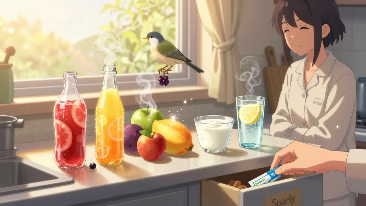 A kitchen counter with diet products disappearing as fresh fruit and water appear at sunrise.