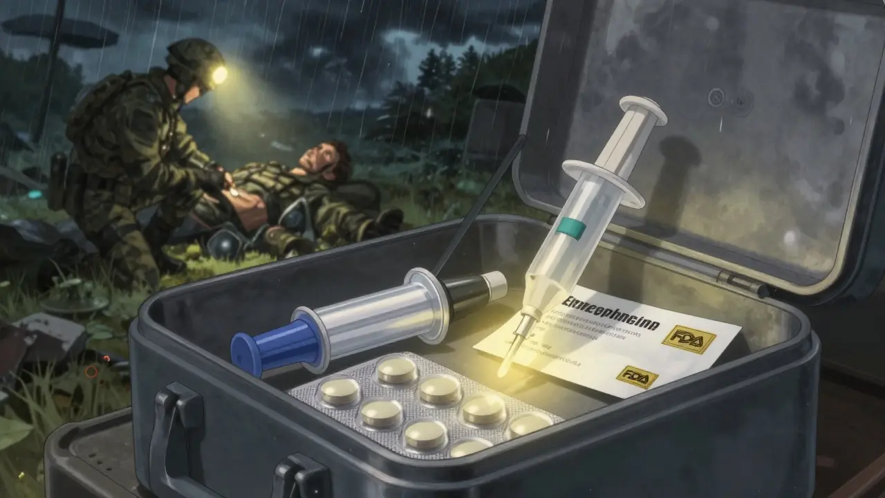 A medkit opens to reveal life-saving pills with a golden FDA extension stamp, used in a battlefield emergency.
