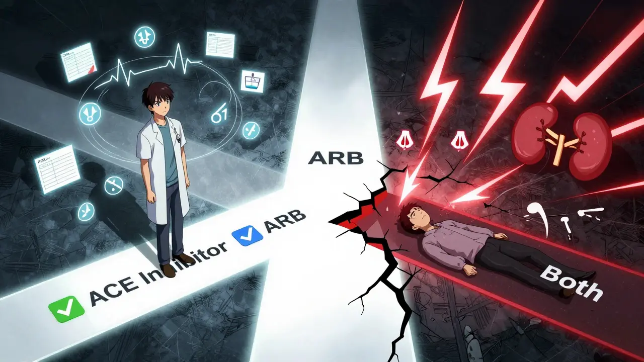 A patient facing a dangerous fork in the road between ACE inhibitors and ARBs, with a dark path showing medical risks.