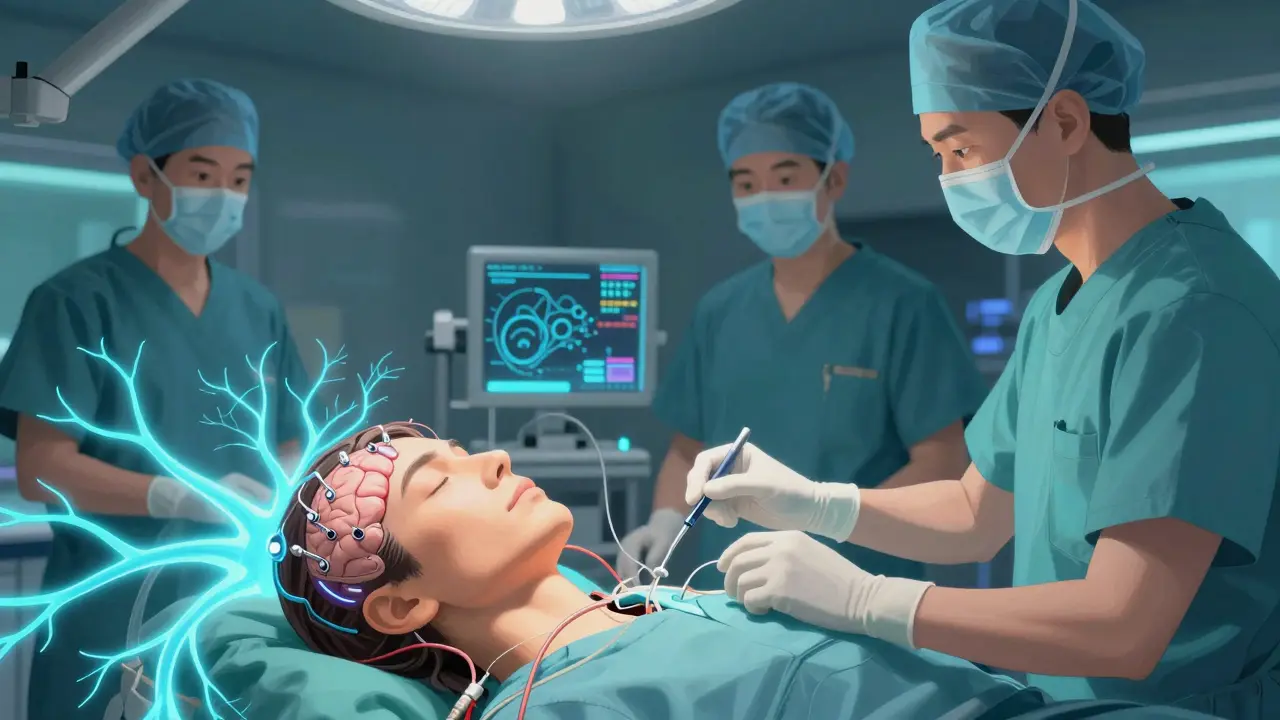 A patient undergoing deep brain stimulation surgery with glowing neural pathways and holographic monitors.