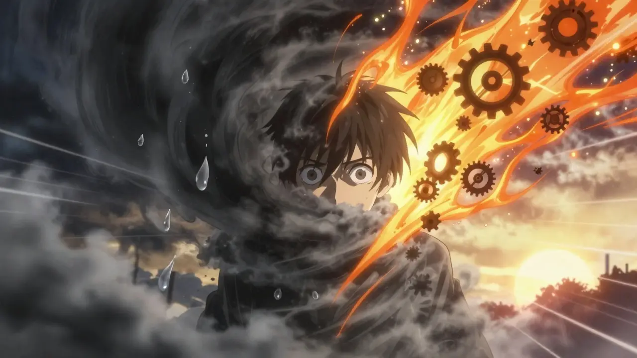 A person split between dark depression and radiant hypomania, with one side in fog and the other in glowing energy.