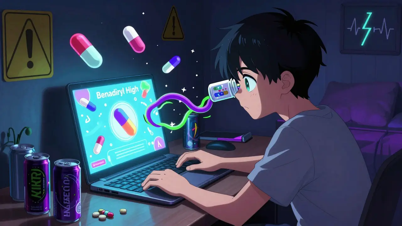 A teen at a desk with glowing TikTok screen, hallucinogenic tendrils emerging from a Benadryl pill.