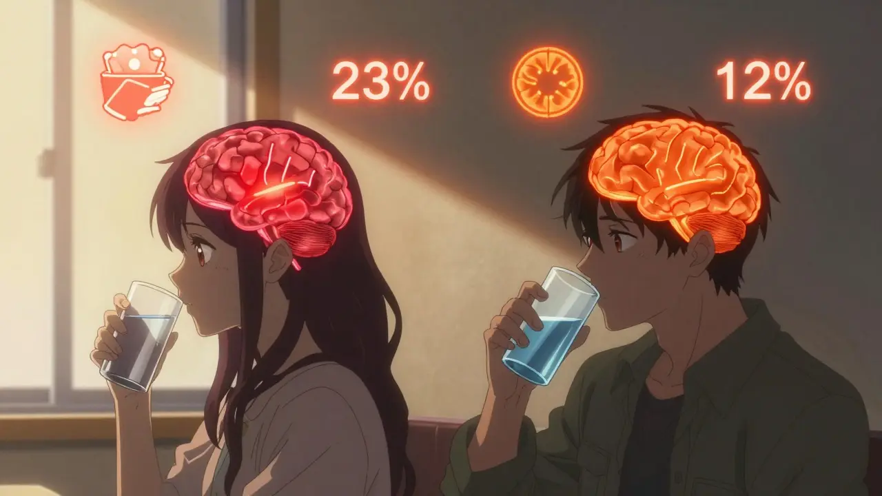 A woman and man with glowing brain scans showing different responses to artificial sweeteners.