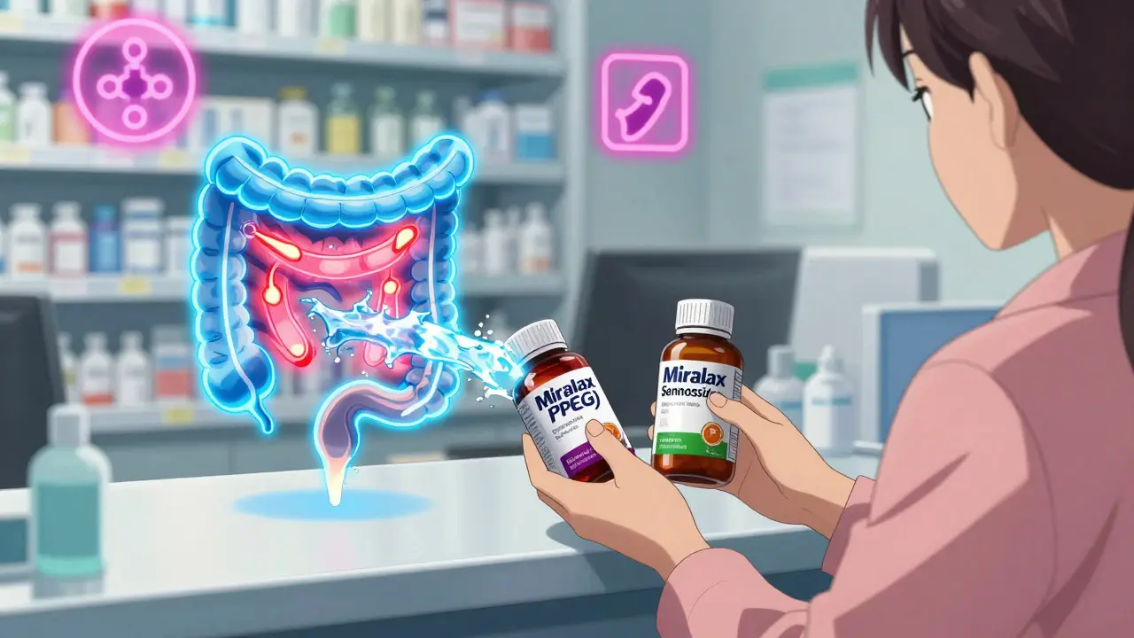Anime-style pharmacy scene with PEG and sennosides glowing as effective laxatives, fiber supplement broken.