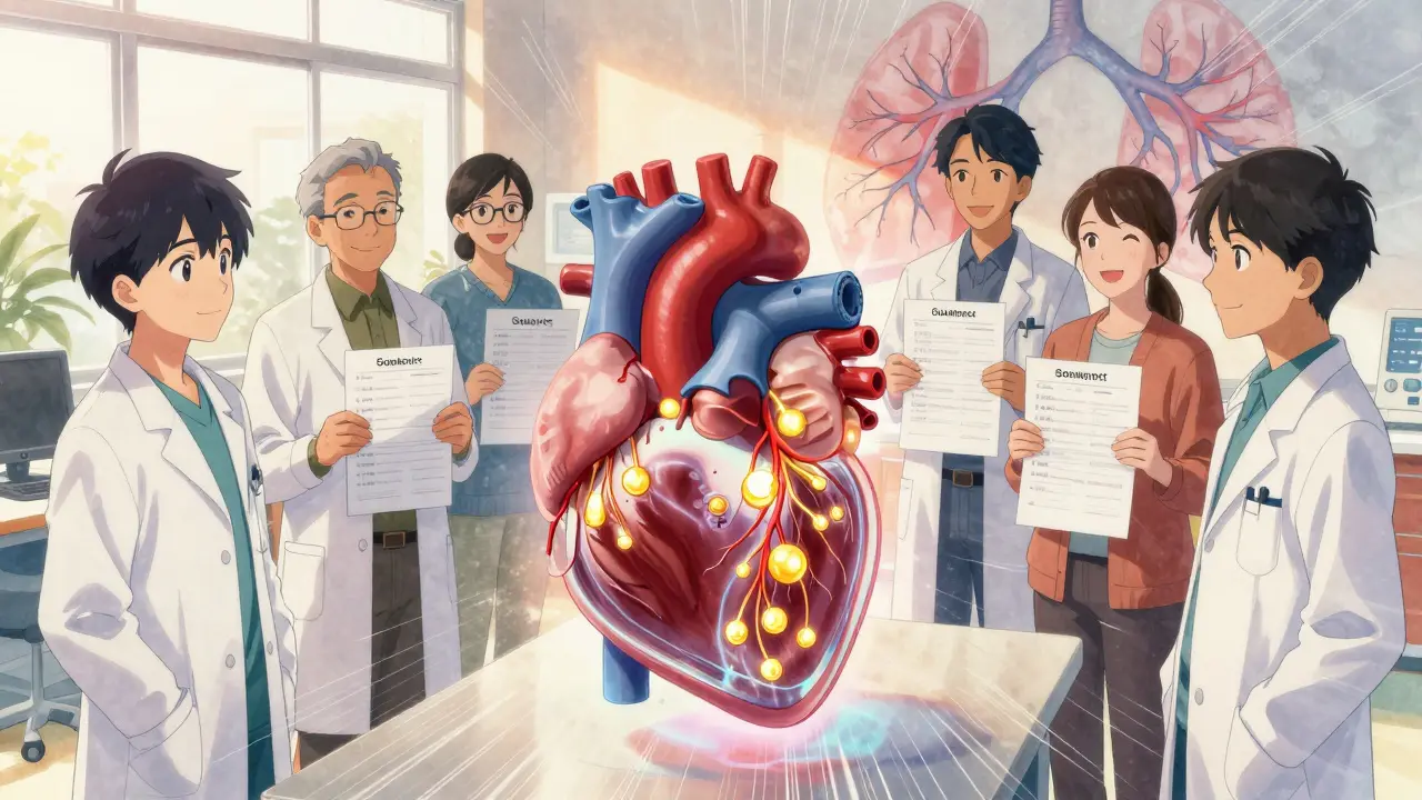 Care team observing holographic heart repair with sotatercept molecules restoring lung arteries under golden light.