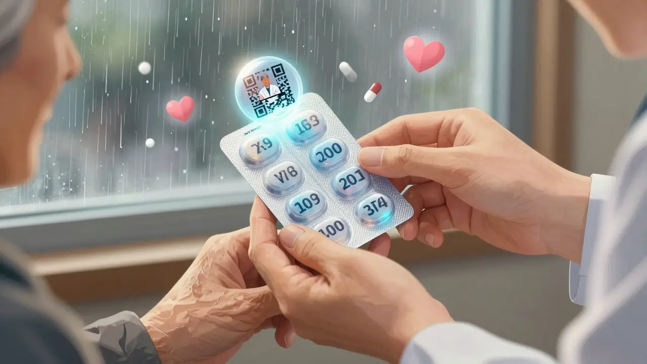 Caregiver handing a glowing blister pack to a senior with dementia, QR code floating above it.