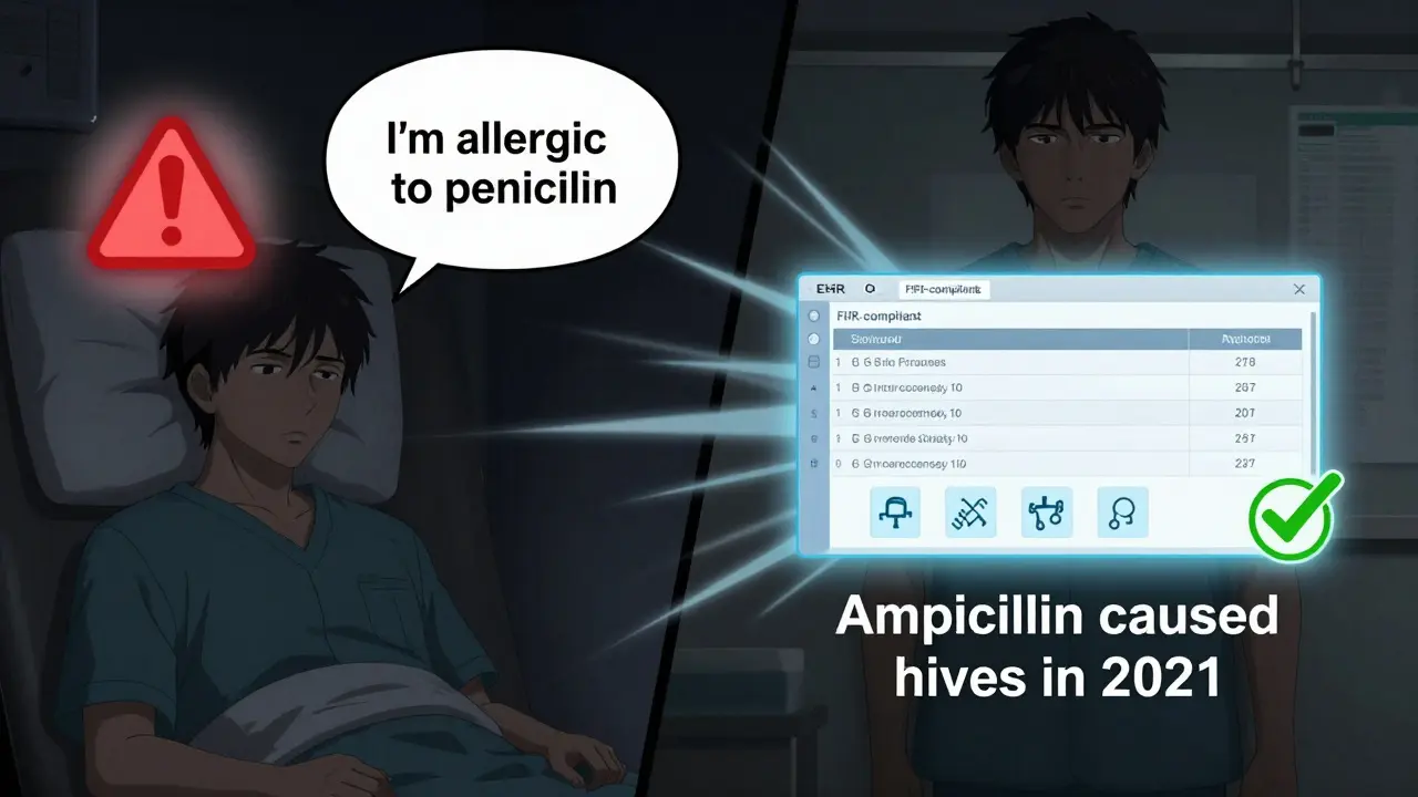 Contrasting scenes of vague vs. precise drug allergy documentation in a medical setting.